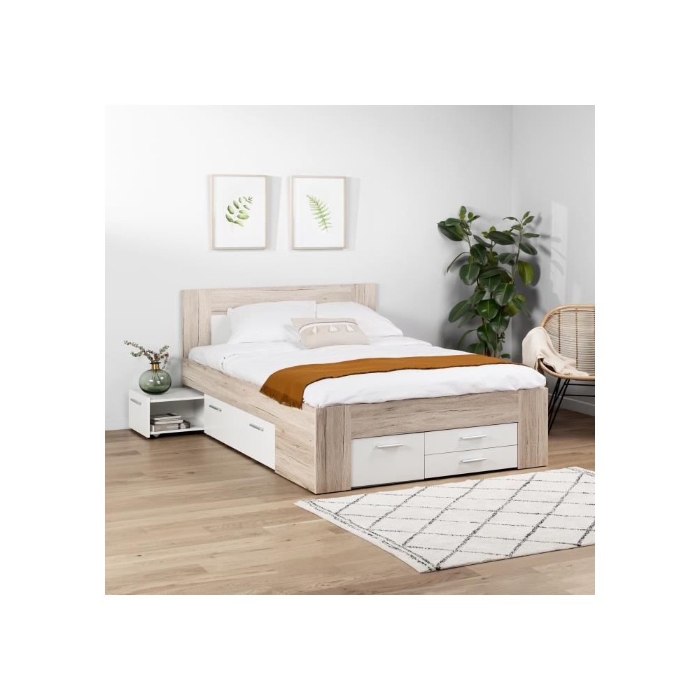 UDINE Lit adulte contemporain décor chene cendré et blanc mat - l 14