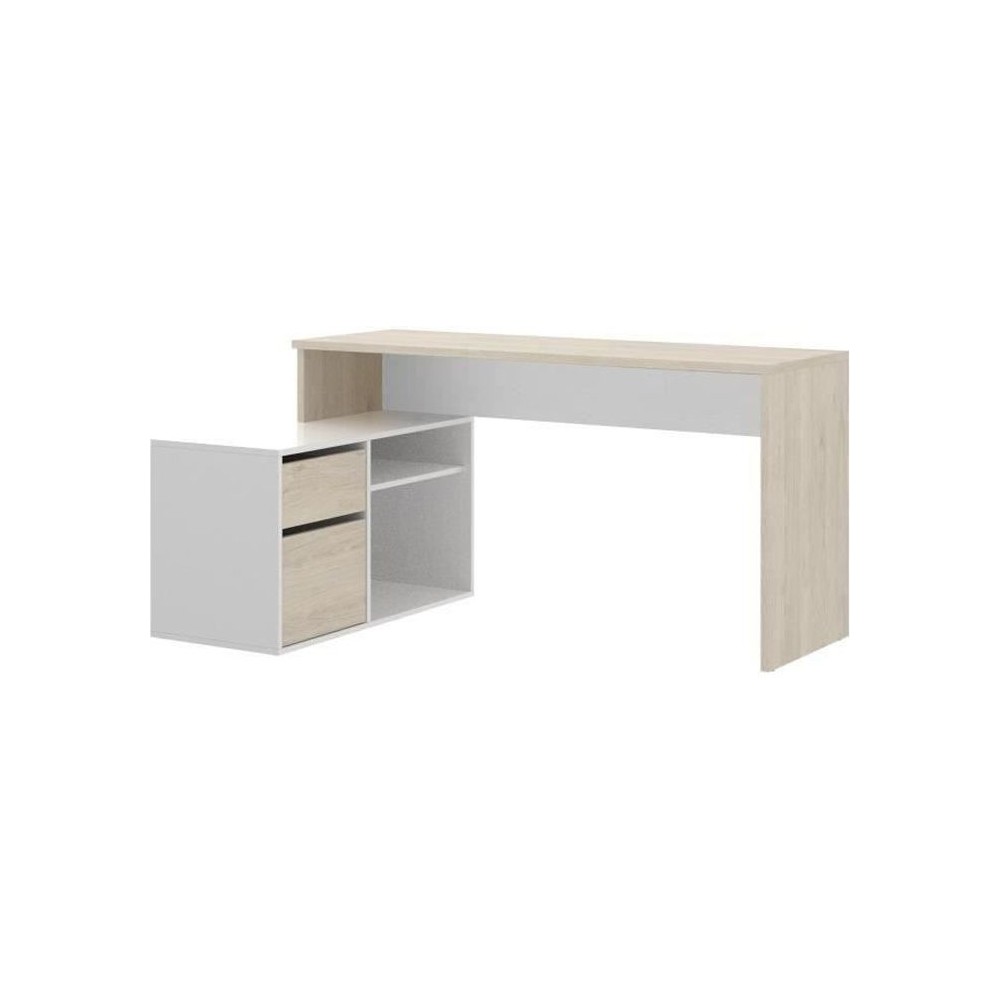 Bureau d'angle réversible avec rangement - Décor chene et blanc - Es