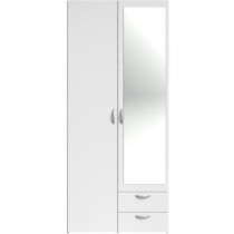 Armoire VARIA - Décor blanc - 2 portes battantes + 1 miroir + 2 tiroi