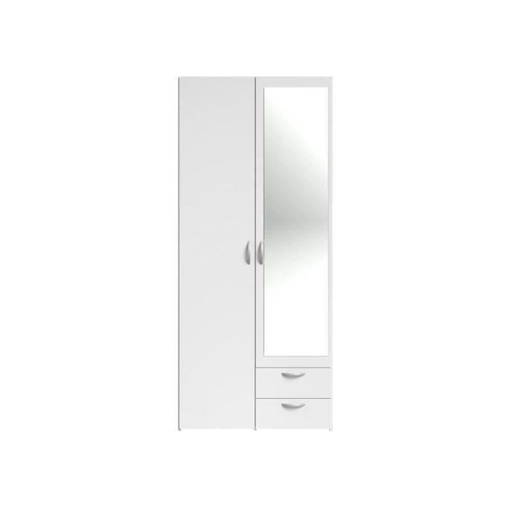 Armoire VARIA - Décor blanc - 2 portes battantes + 1 miroir + 2 tiroi