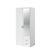 Armoire VARIA - Décor blanc - 2 portes battantes + 1 miroir + 2 tiroi