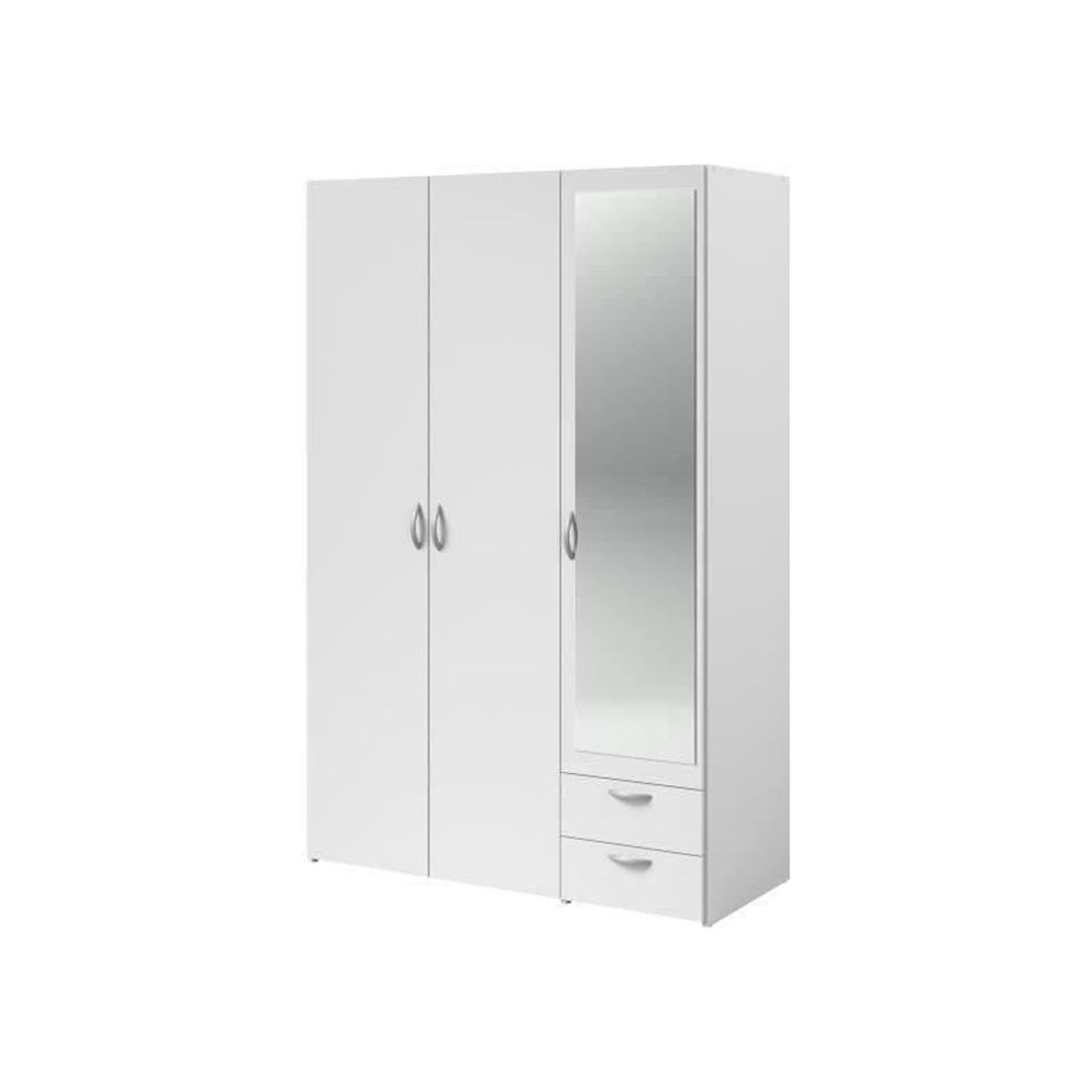 Armoire VARIA - Décor blanc - 3 portes battantes + miroir + 2 tiroirs