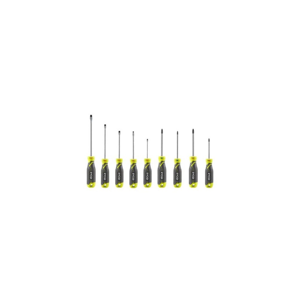 RYOBI - Jeu de 9 tournevis avec lame aimantée SL3, SL4, SL5,5 x 2, SL6,6, PH1, PH2, PZ1, PZ2 - RHSDS9PC