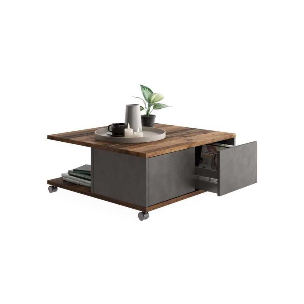 Table basse sur roulettes- Décor Matera et old style foncé - L70 x H