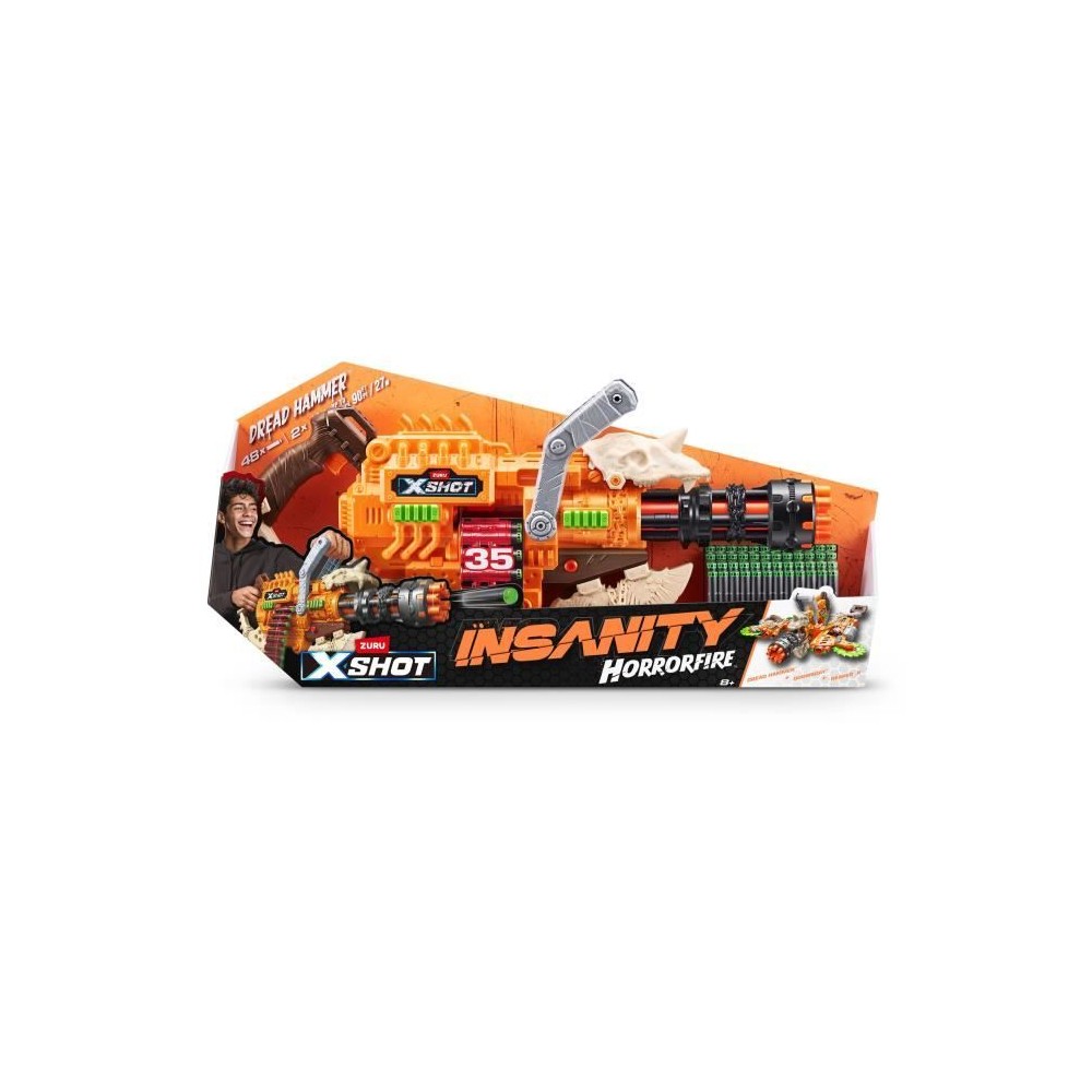 Blaster a Ceinture - ZURU - XSHOT Insanity HorrorFire Dread Hammer - Blaster avec ceinture de 35 fléchettes et portée de 30 me