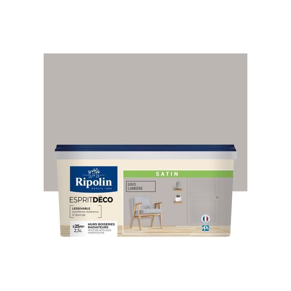 Peinture de couleur murale intérieur satin gris lumiére 2,5L Ripolin