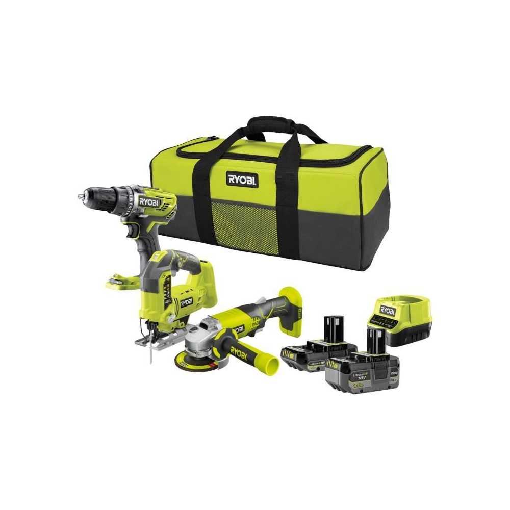 RYOBI 3 outils : 1 perceuse-visseuse R18DD3 + 1 meuleuse 115 mm + 1 sc