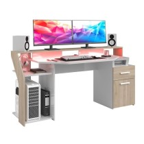 Bureau gaming avec LED Silver - Décor chene et mélamine blanc brilla