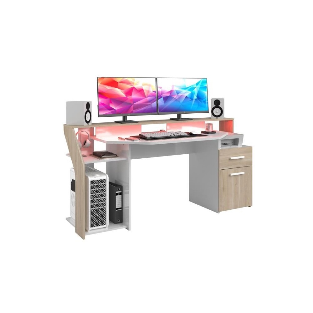 Bureau gaming avec LED Silver - Décor chene et mélamine blanc brilla