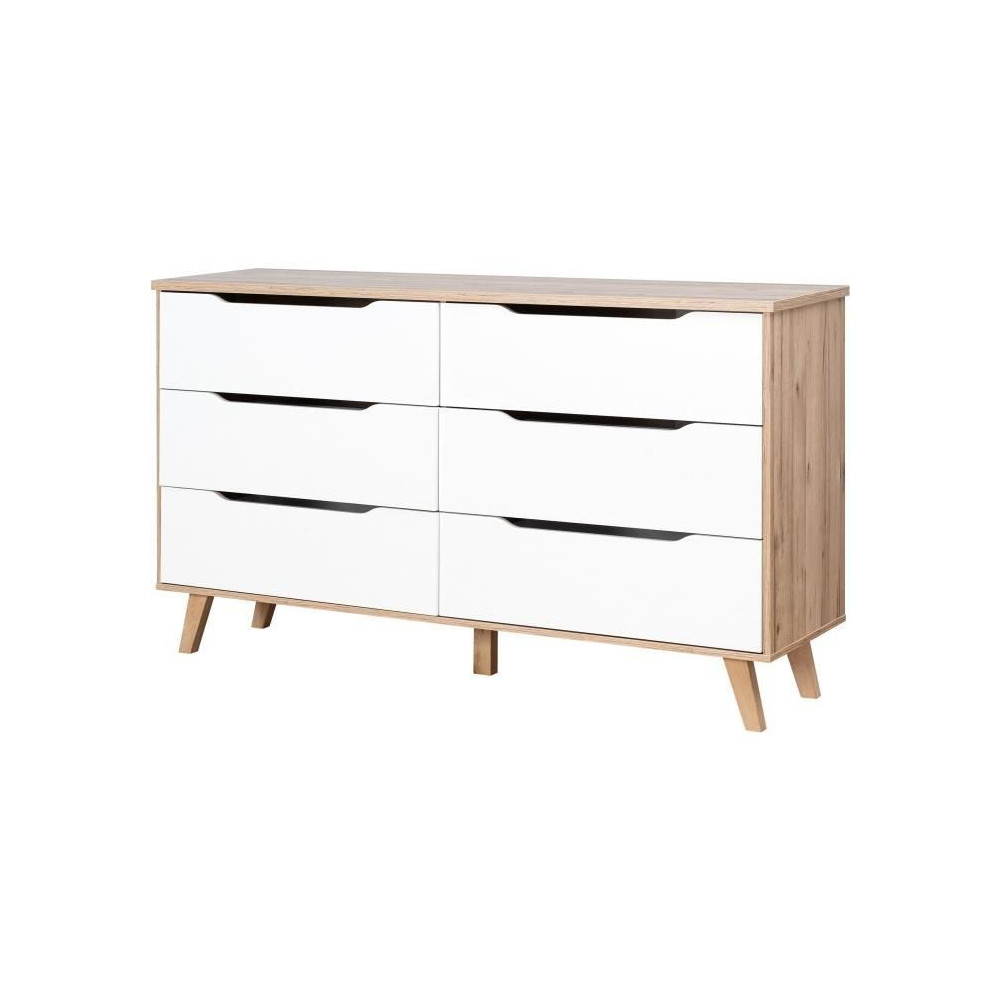 Commode 6 tiroirs - En panneaux de particules - Décor chene et blanc