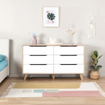 Commode 6 tiroirs - En panneaux de particules - Décor chene et blanc