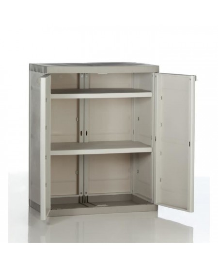 TITANIUM PLASTIKEN Armoire basse 2 portes avec étagères l70 x p44 x h88 cm Beige et Taupe Gamme TITANIUM Intérieur/Extérieur