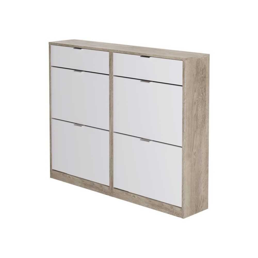 Meuble a chaussures - 4 portes 2 tiroirs - Chene et blanc - 124x25x99