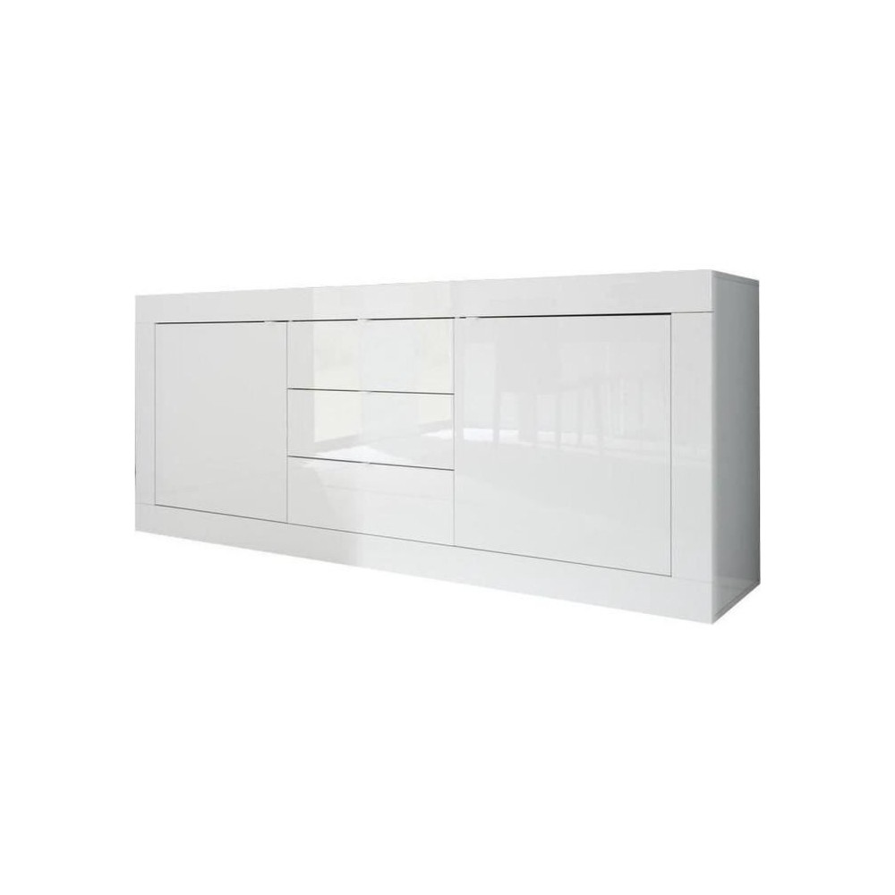 Buffet BASICO 2 Portes 3 Tiroirs Blanc Laqué brillant - L210xP42xH85,