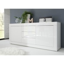 Buffet BASICO 2 Portes 3 Tiroirs Blanc Laqué brillant - L210xP42xH85,