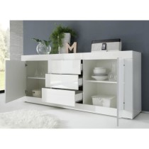 Buffet BASICO 2 Portes 3 Tiroirs Blanc Laqué brillant - L210xP42xH85,