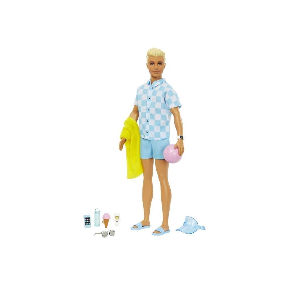 Barbie-Ken Plage-Poupée blonde short de bain et accessoires de plage