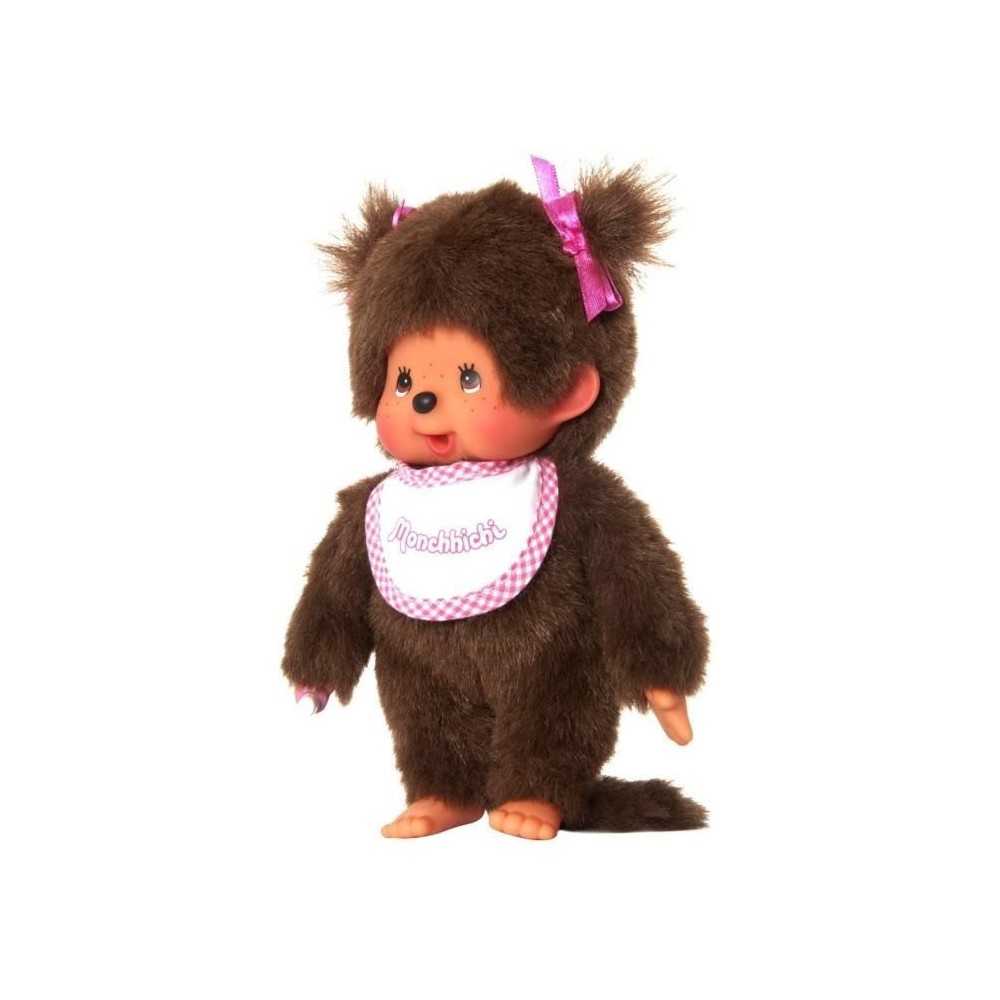 Monchhichi Peluche Fille Bavoir Rose et blanc 20 cm - 25555