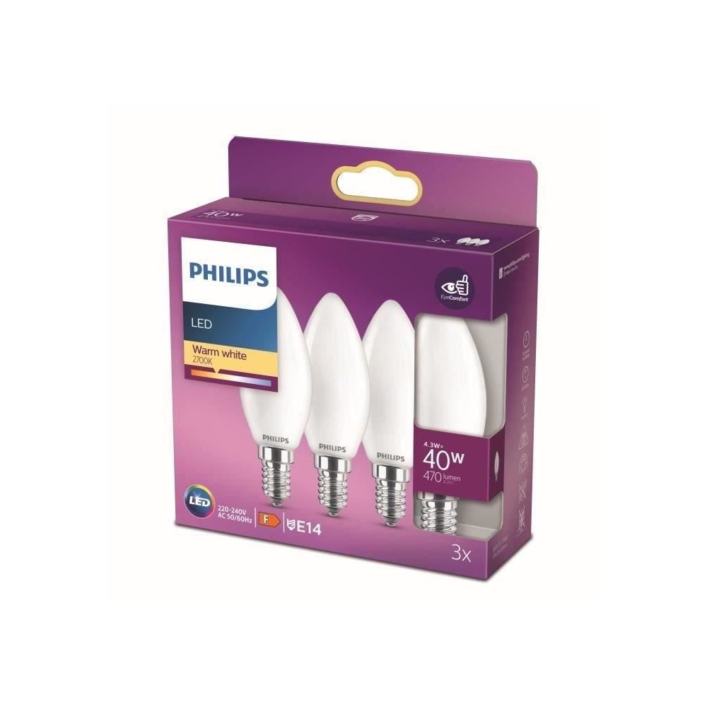 Ampoules LED PHILIPS - Pack de 3 - E27 40W - Blanc chaud - Classe F