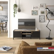 Meuble TV Gami - Style Industriel - Décor chene noir - L 136 x P 40 x