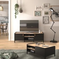 Meuble TV Gami - Style Industriel - Décor chene noir - L 136 x P 40 x