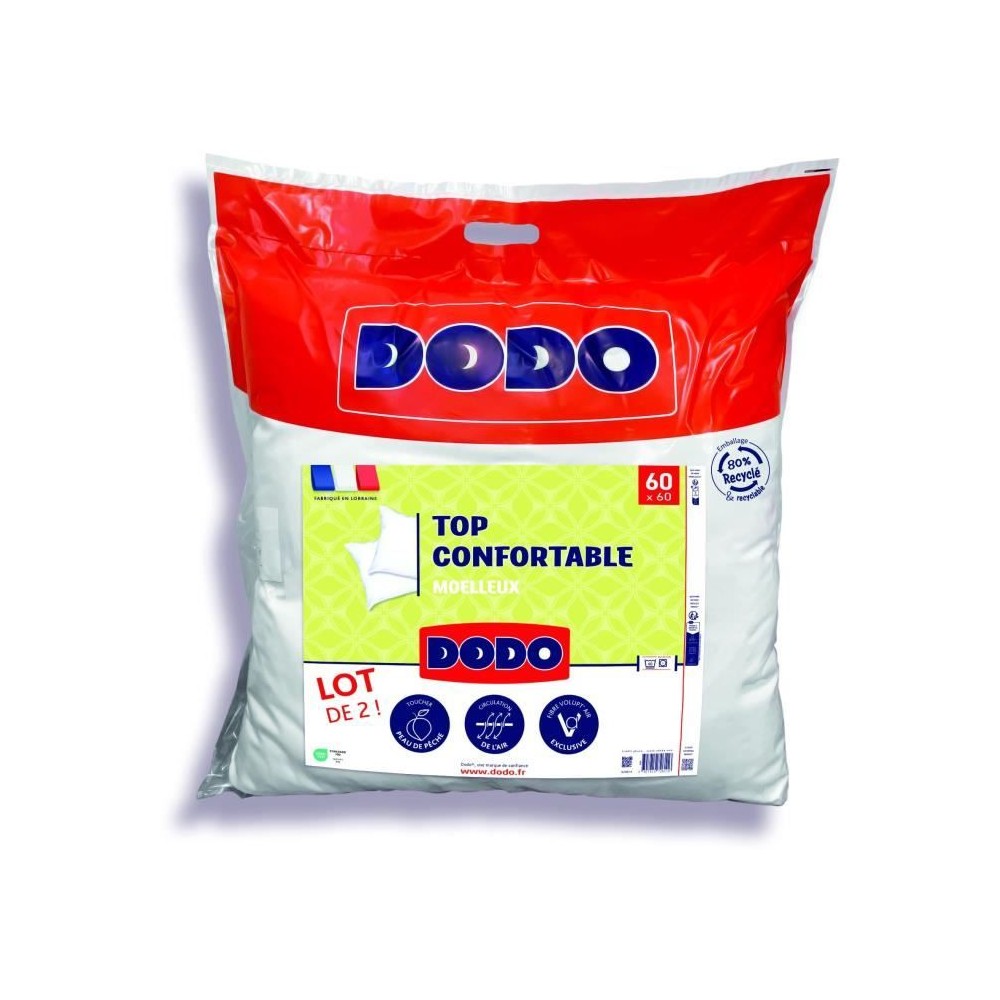 DODO - Lot de 2 Oreillers - Confortable - 60 x 60 cm - 100% Polyester