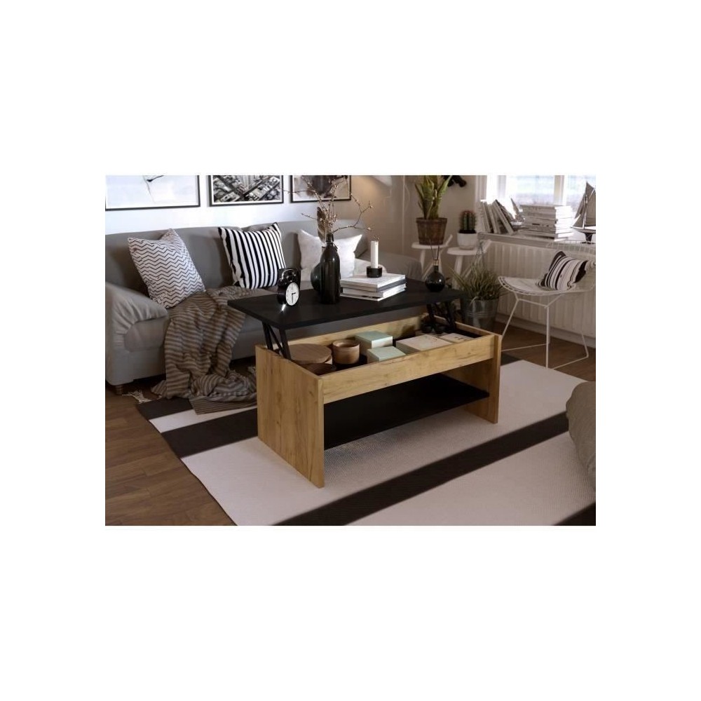 Table basse - Décor chene et noir - Relevable - L 100 x P 50 x H 44 c