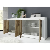 Buffet - BASICO - 4 portes - Blanc décor chene Pero - 207 x 86 x 43 c