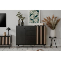 Buffet - MONZA 01B - Noir / Chene artisan - 2 portes - 4 tiroirs - 118