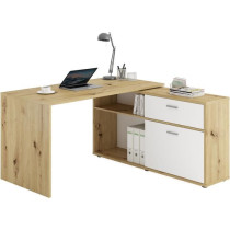 Bureau d'angle avec rangements Diego - Mélaminé chene/blanc brillant