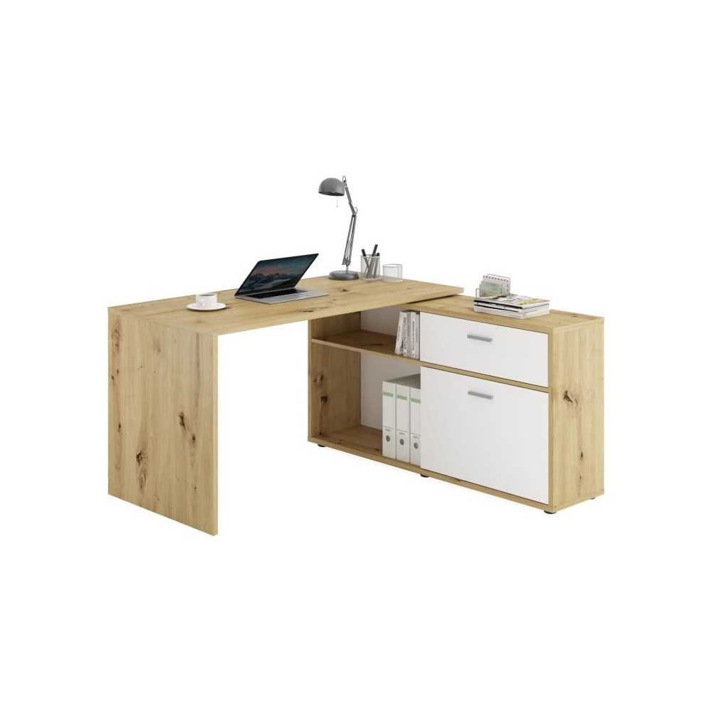 Bureau d'angle avec rangements Diego - Mélaminé chene/blanc brillant