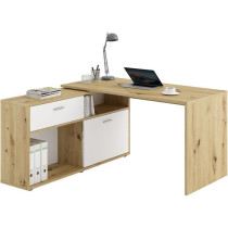 Bureau d'angle avec rangements Diego - Mélaminé chene/blanc brillant