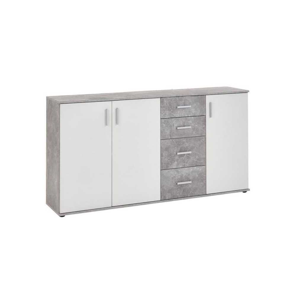 Buffet bicolore - Décor gris béton LA et blanc - 3 portes + 4 tiroir