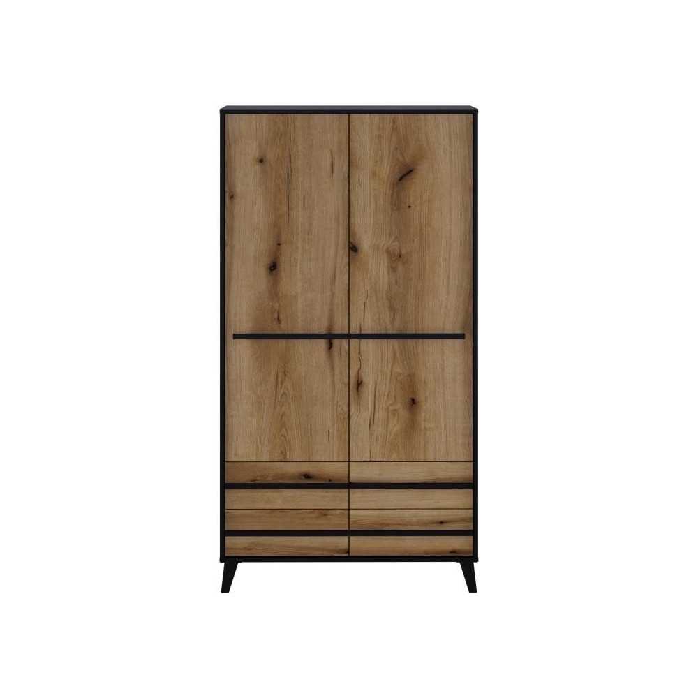 Armoire HEKA 2 portes + 4 tiroirs - Décor noir et chene - L100 x P50