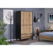 Armoire HEKA 2 portes + 4 tiroirs - Décor noir et chene - L100 x P50