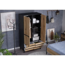 Armoire HEKA 2 portes + 4 tiroirs - Décor noir et chene - L100 x P50