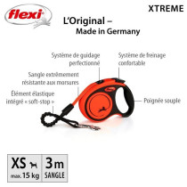 TRIXIE flexi XTREME strap leash - Size XS - 3m - Black and orange