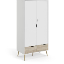 Armoire - Blanc / Chene - 2 portes / 2 tiroirs - Pietement évasé en