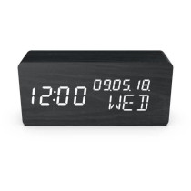 EVOOM WOOD 4 in 1 Alarm Clock - Time, Date, Day and Temperature - Blac