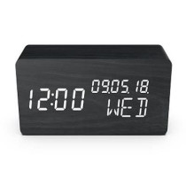 EVOOM WOOD 4 in 1 Alarm Clock - Time, Date, Day and Temperature - Blac