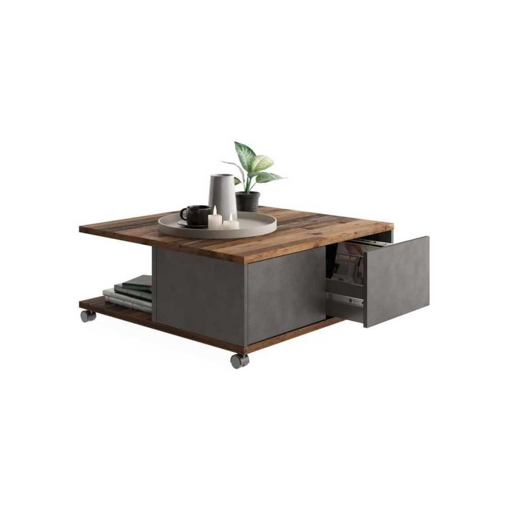 Coffee table on wheels - Matera decor and dark old style - L70 x H36 x