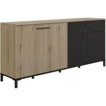 Buffet L180 x P40 x H81 cm - TRUST - Chene / Noir - 4 portes - 1 tiroi