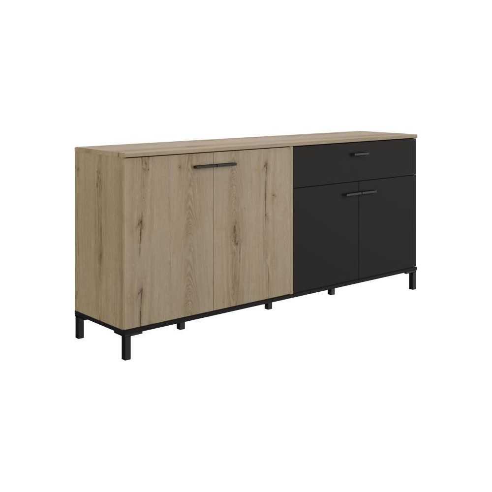 Buffet L180 x P40 x H81 cm - TRUST - Chene / Noir - 4 portes - 1 tiroi