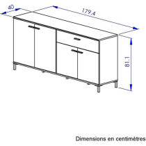 Buffet L180 x P40 x H81 cm - TRUST - Chene / Noir - 4 portes - 1 tiroi