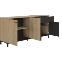 Buffet L180 x P40 x H81 cm - TRUST - Chene / Noir - 4 portes - 1 tiroi