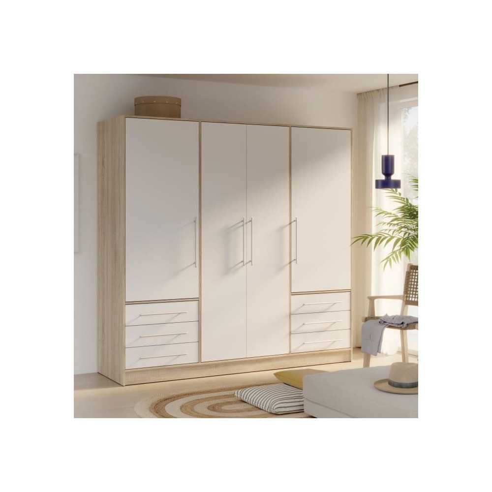 Armoire 4 portes battantes + 6 tiroirs - Chene et blanc - L 206 x P 60