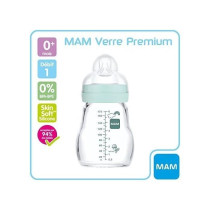 MAM Glass Baby Bottle - 170ml - Blue - Teat Flow 1