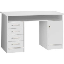 Bureau droit a clés avec 1 porte et 4 tiroirs - Décor papier blanc -