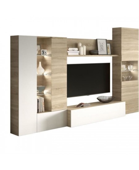 ESSENCIAL Meuble TV avec LED classique blanc brillant et décor chene - L 260 cm