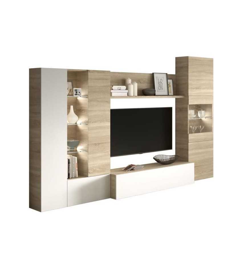 ESSENCIAL Meuble TV avec LED classique blanc brillant et décor chene - L 260 cm